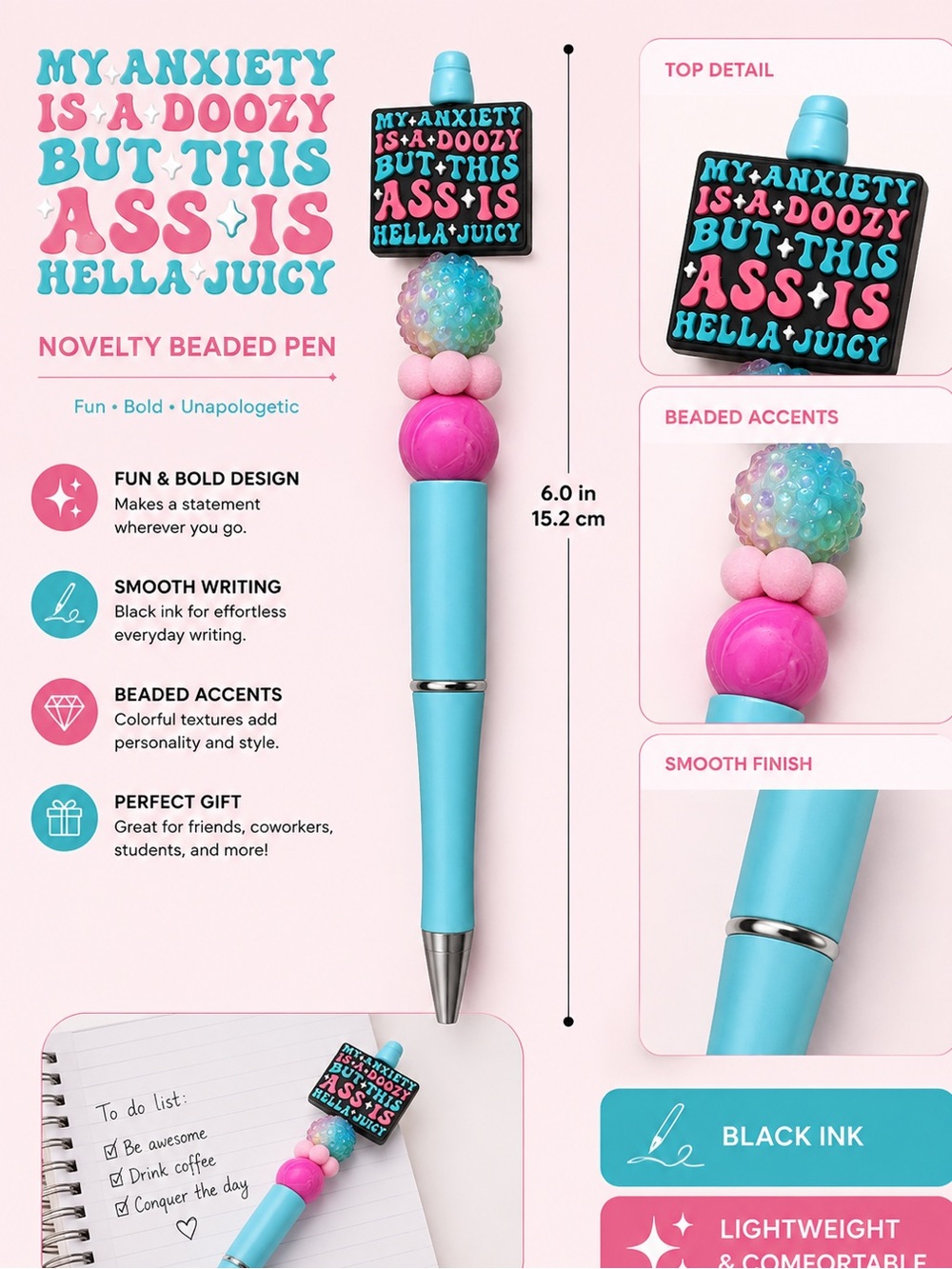 Funny humor Hand Crafted Blue & Pink Decorative Bead Pen